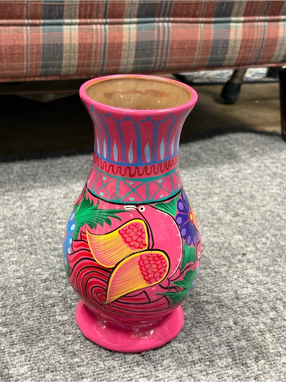 Hand Painted Pink Floral Bird Clay Folk Art Vase Made in Mexico